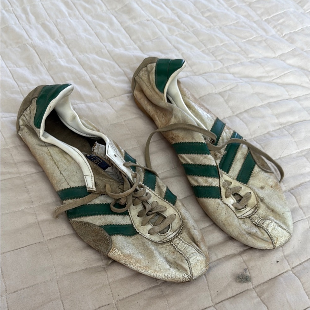 Green and White Vintage Adidas Track  Shoes from the 70s 80s